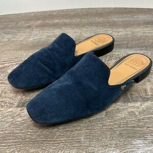 Tory Burch Carlotta Navy Suede Mules Size 7.5 Slip On Loafer Flats